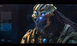 a screen capture of a predator character with blue eyes