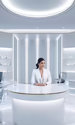 a lady that is standing at the front counter