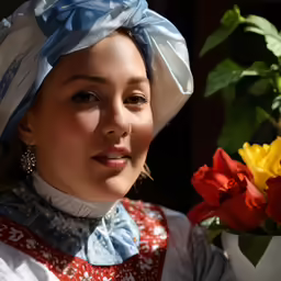 a woman with a turban is posing next to flowers