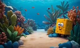 an underwater scene with spongebob and fish