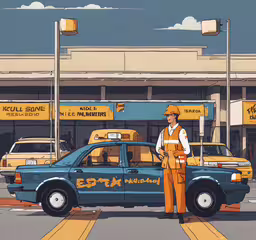 a cop that is standing next to a police car,a man stands by a taxi while in front of an intersection