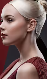 a blonde haired woman with black and red lipstick and a white bun