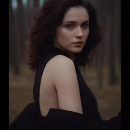 a woman with dark hair in a black dress standing next to trees