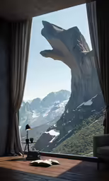 view of mountains outside the window with a table and a camera