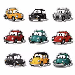 six stickers with different colored cars in a row