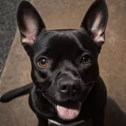 a black dog sitting in front of a brick wall