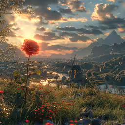 a flower is in the grass near some hills,the sunset over a field with red flowers