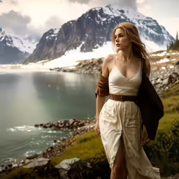 a girl posing on a mountain overlooking a lake
