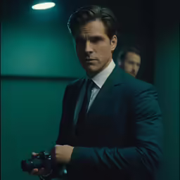 a man wearing a suit and holding a camera
