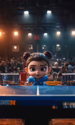 a cute doll doll sitting behind a ping pong table