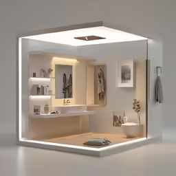 a room with white walls and furniture with mirrors