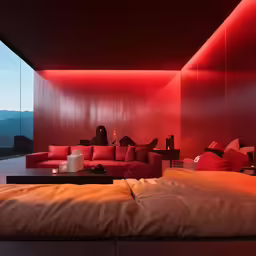 a living room with two couches and red lighting