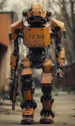 a robot standing on its own legs in a street
