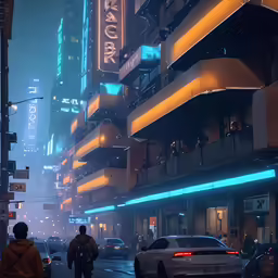 a man walking down the road in front of tall buildings