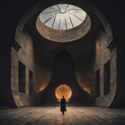 a man walking through a darkened tunnel of concrete