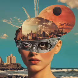 a woman with an unusual head with a city and clouds in the background