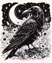 a raven sits on a flowery branch, holding a bird,a black crow sitting on the ground, with the moon in the background