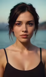 a woman with a serious look standing near the water