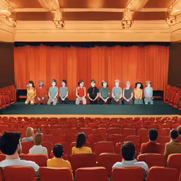 there is a photo taken inside of an auditorium,a group of people are sitting in an auditorium