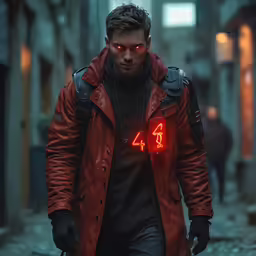 a man walks down an alleyway in a leather jacket with glowing eyes