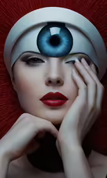 a woman with blue eyes and red makeup