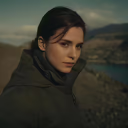 a woman looking straight ahead in front of a body of water