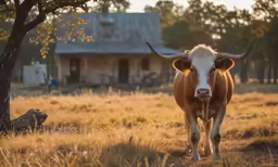 a cow in a grassy field with an old house in the background