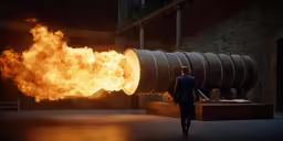 man walking away from a barrel of fire