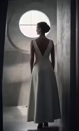 a woman stands at an open doorway looking out the window