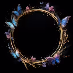 an artistic gold frame with some blue butterflies
