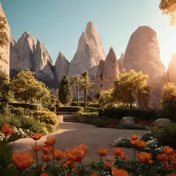 some pretty flowers and trees near rocks