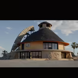 a building sitting on a sandy beach with palm trees around it