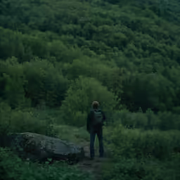 a person stands on a trail in the middle of a lush green forest