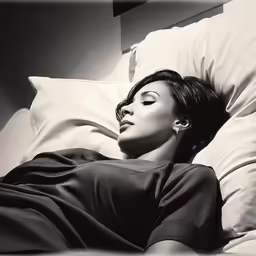 black and white photo of woman in bed with head turned to the side