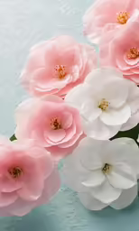 an arrangement of flowers on blue surface