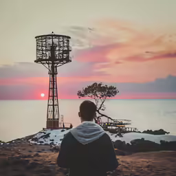 a man is looking at the sunset in a remote area