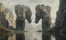 two large animals standing in front of mountains