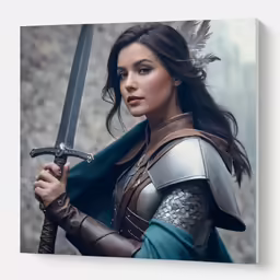 a woman in a armor holding two sword