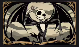 a cartoon character with a spooky face and bat in the sky