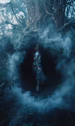 a young woman sitting on top of a tree covered in smoke