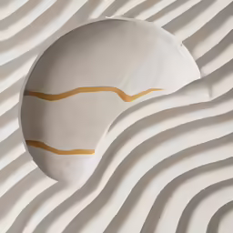 abstracted, hand - made rock with brown stripes sits on a white background