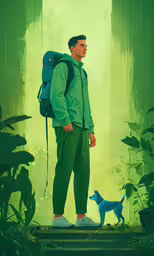an illustration of a man standing in the woods with a blue dog,a man is standing in the rain with a backpack