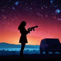 a girl standing in a field holding a telescope,a girl standing in front of the sunset with an telescope
