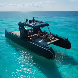 a black motor boat in the ocean near the shore