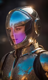 a woman wearing armor and a purple helmet