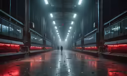 some people are walking down a very dimly lit tunnel