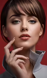 a woman with dark hair and a gray dress shirt is posing with her hand in her mouth