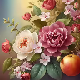 flowers and an apple are sitting next to each other