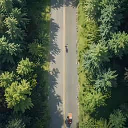 overhead view of a road and trees with traffic cones