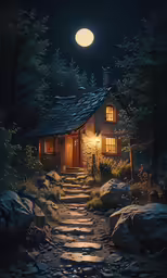 a small cabin on a rock pathway with trees